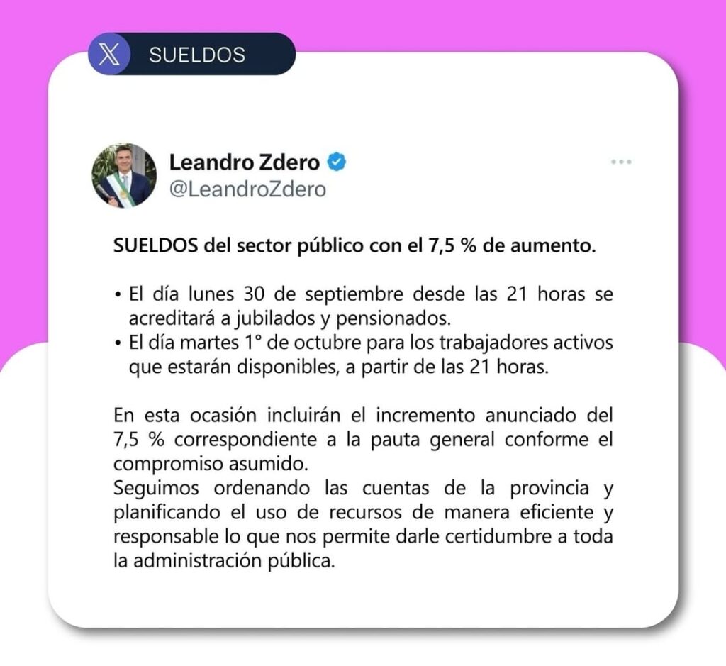 El gobierno de Chaco anunció fecha de pago de sueldos a la administración pública con el 7,5 % de aumento
