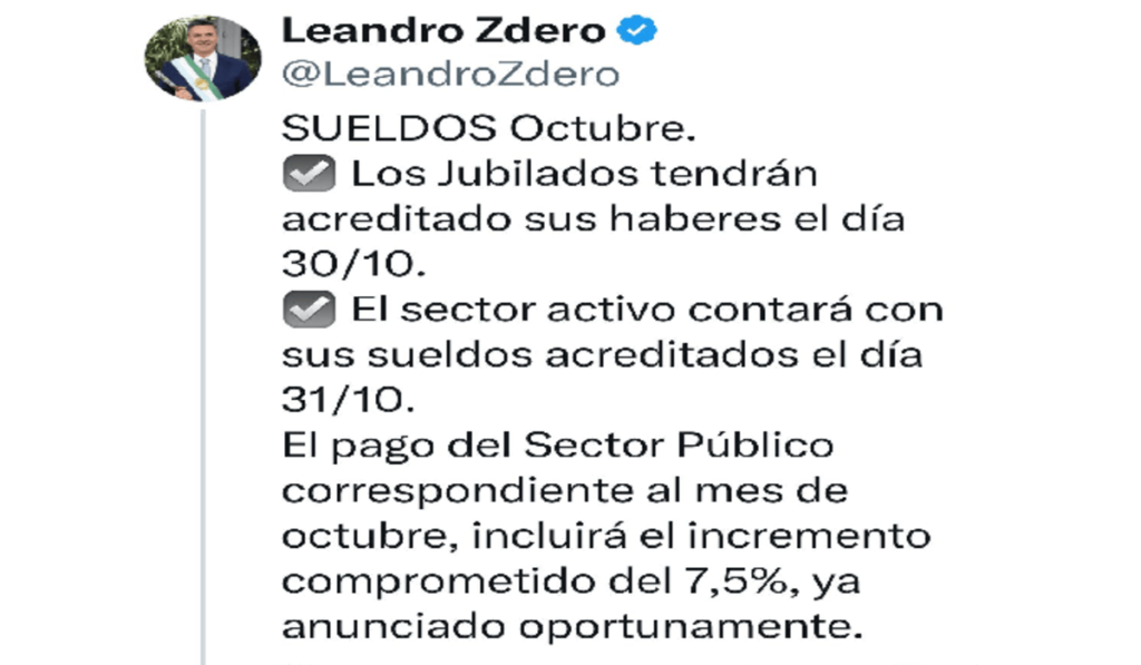 El gobierno del Chaco anunció fecha de pago de sueldo a la administración pública con el incremento del 7,5 %